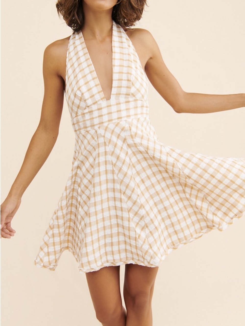 Free People Cream & Tan Gingham Halter Mini Dress